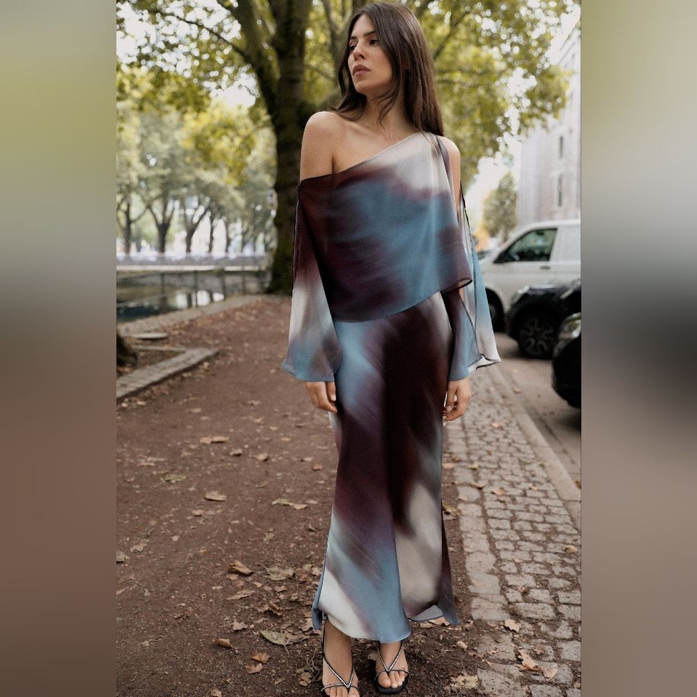 NWT ZARA SATIN print midi dress with cape blue and brown Included Cape - Picture 9 of 15